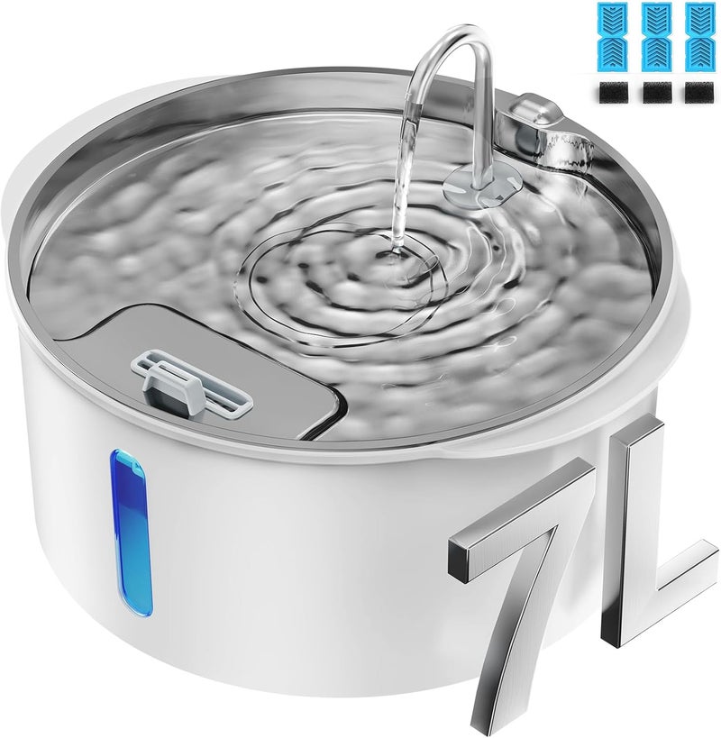 PEKTACO Dog Water Fountain for Large Dogs, 1.8Gal/7L Pet Water Fountain, Dog Water Bowl Dispenser with Viewing Window & LED, Super Quiet, Stainless Steel Tray Easy Clean BPA-Free(with 3 Filters) - Image 1